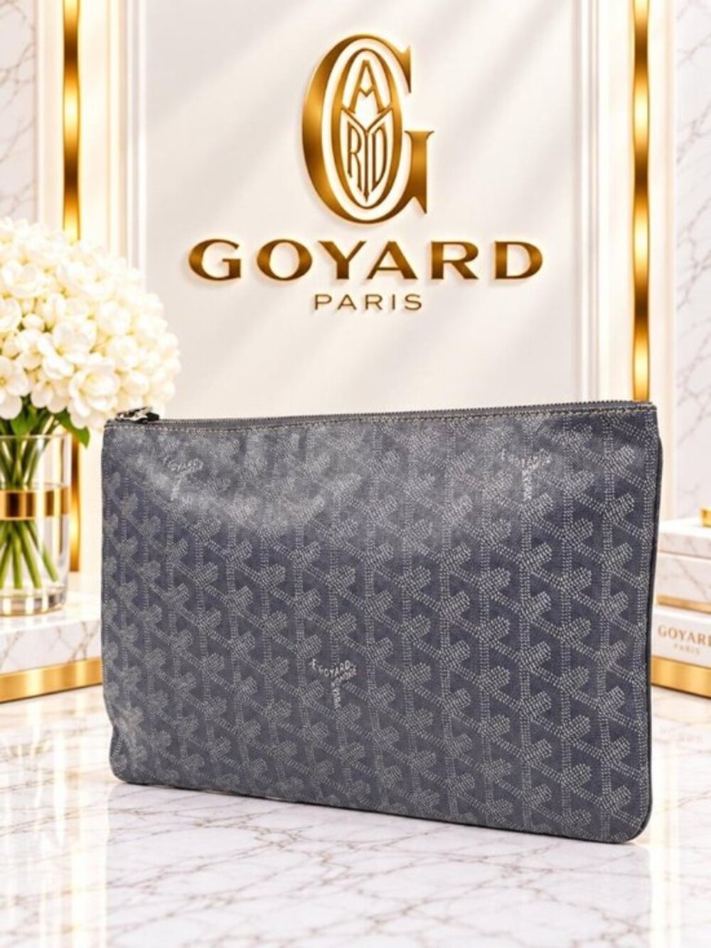 Authentic Goyard Senat MM Pouch Grey Chevron Coated Canvas Zip Clutch Luxury